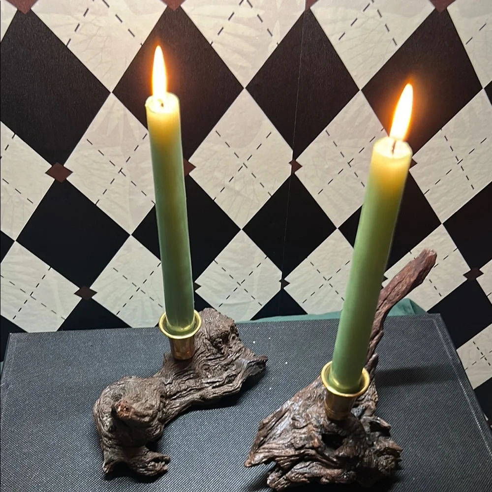 Vintage Driftwood Candle Holders – Rustic Wood with Shiny Bronze Accents - Picture 10 of 12